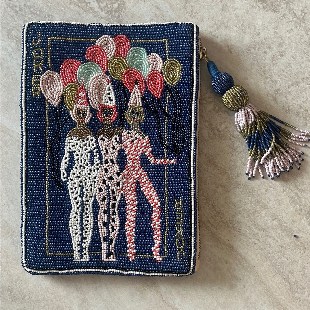 Anthropology Beaded Clown Parade Zipper Pouch - Navy with Multicolor Beads